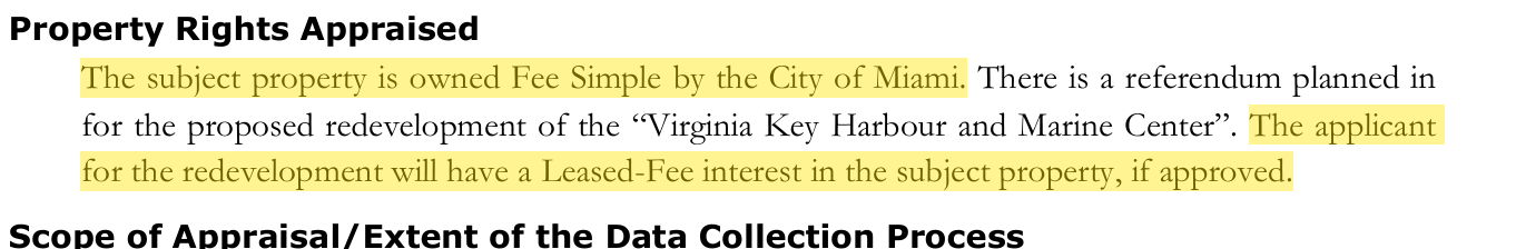Appraisal excerpt confirming City of Miami ownership and a lease interest