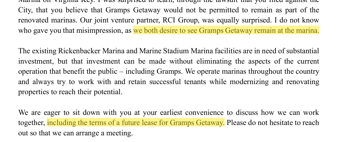 Letter excerpt: we both desire to see Gramps Getaway remain at the marina