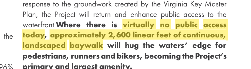 RFP response excerpt: virtually no public access today, 2,600 linear feet of baywalk proposed