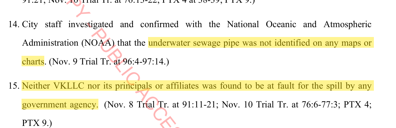 Court findings: pipe not identified on maps or charts, NOAA confirmation, no fault found