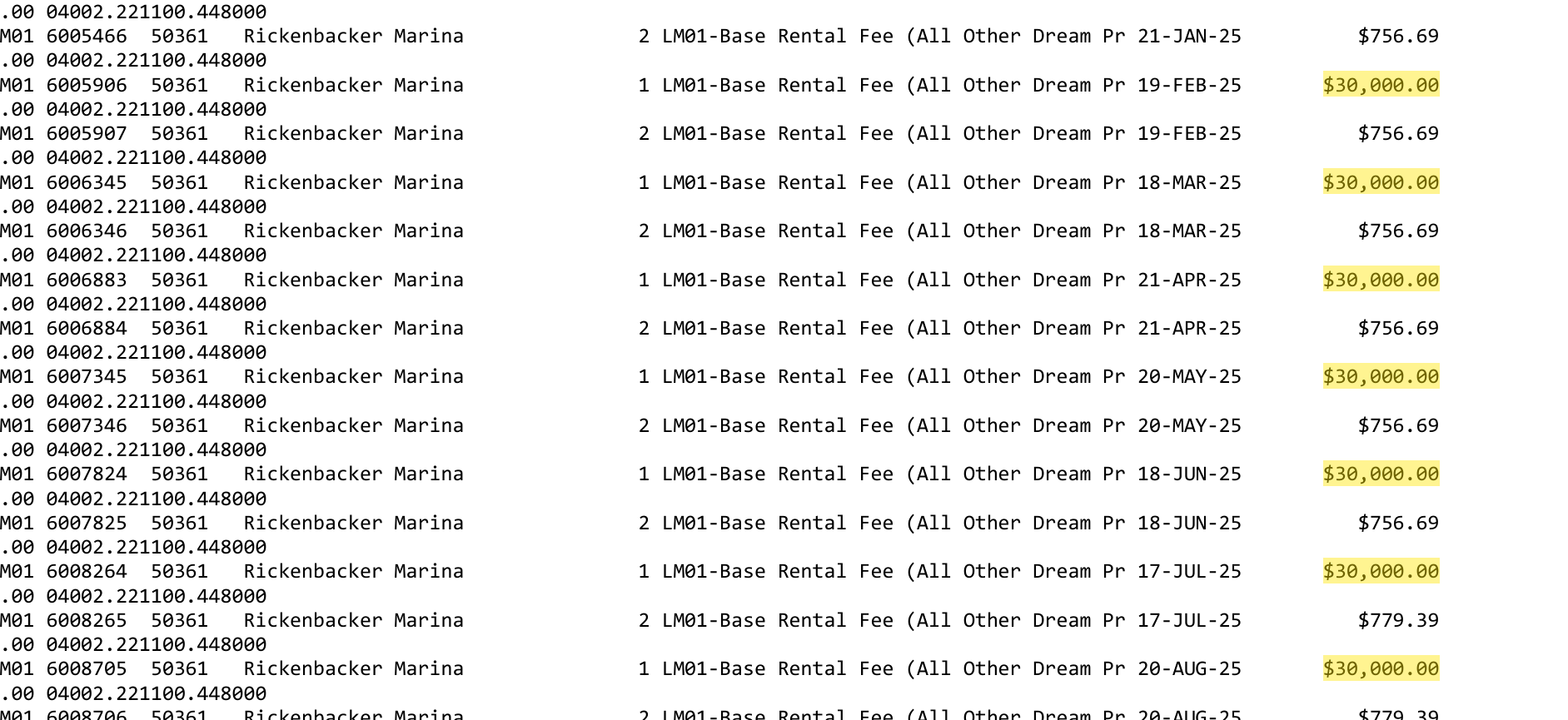 City of Miami rent records showing recurring $30,000 monthly base rent